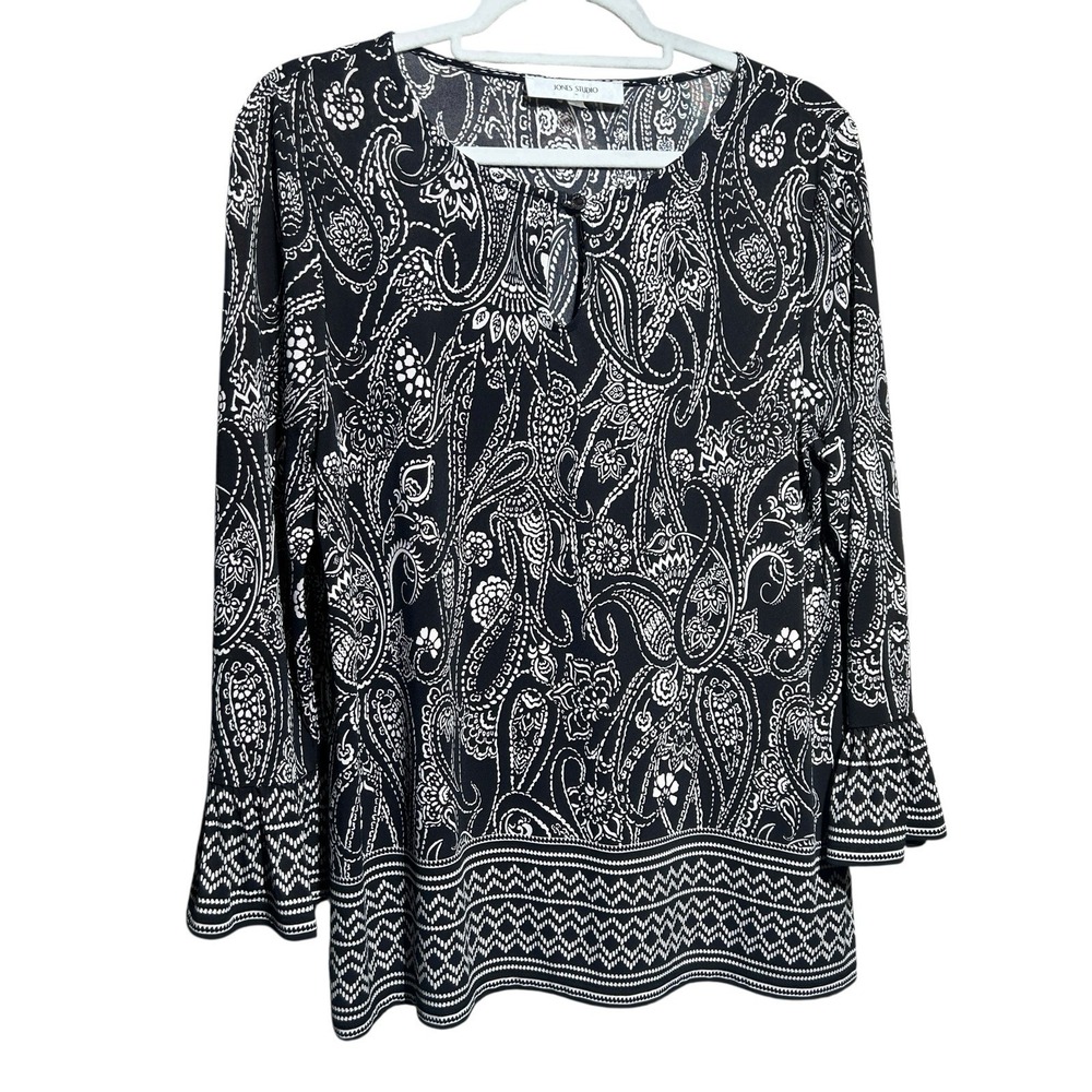 Jones Studio Women's L Black White Paisley 3/4 Bell Sleeve Keyhole Neck Stretchy